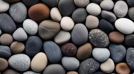 Fototapeta na wymiar Round, smooth pebbles in a texture. Sea beach with dark wet pebbles and gray dry pebbles in close-up