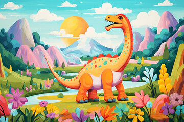 Kids illustration of cute dinosaur in prehistoric landscape. Colorful nursery art, beautiful artistic image for poster, wallpaper, art print.