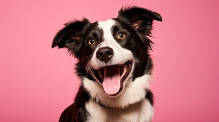 Black, brown, and white mixed breed rescue dog is shown in a studio portrait while sitting and grinning against a pink background.