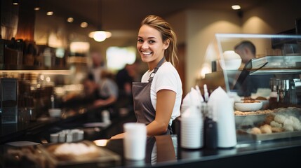 young woman barista standing behind the counter, preparing to serve coffee. generative AI - obrazy, fototapety, plakaty