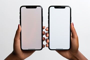 Phones holding hands, blank screen mockup and black woman_s hands in studio isolated on white background