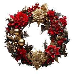 opulenter weihnachtlicher Kranz in rot und gold mit Blumen und goldenen Kugeln - obrazy, fototapety, plakaty