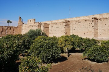 Walls of El Badi palace with stork's nest in Marrakech city in Morocco