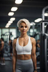 Wide shot of Attractive fit woman standing in fitness gym. Image created using artificial intelligence.