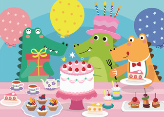 Cute happy birthday illustration with crocodile.