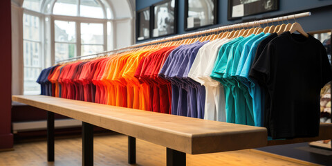 Lots of T-shirts on hangers in clothes store shop