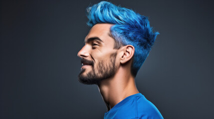 Stylish young man with unusual blue hair and beard on color background