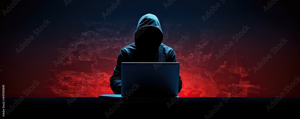 Poster hacker is using dark background laptop. young man in hood doing online robbery. battle for internet 