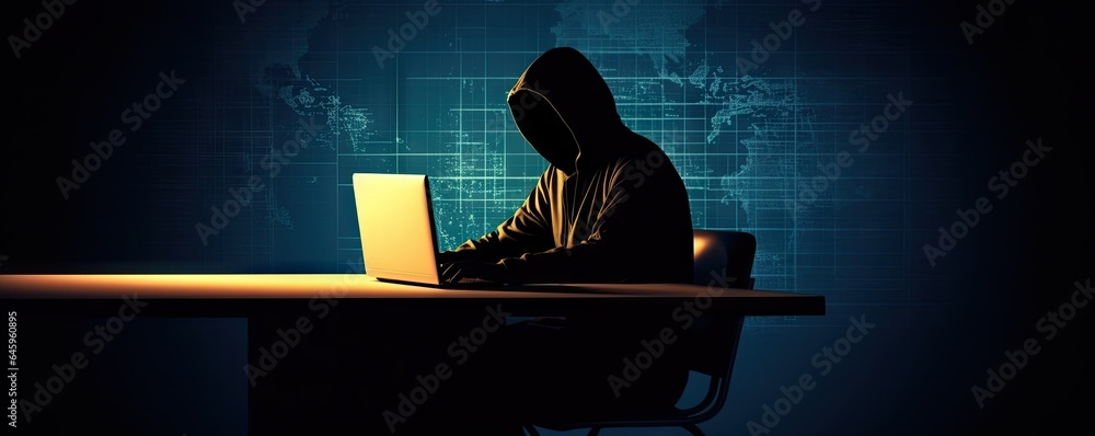 Poster hacker is using dark background laptop. young man in hood doing online robbery. battle for internet 