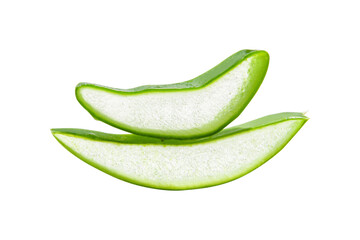 Slides, pieces of green fresh aloe vera. On a blank background. PNG