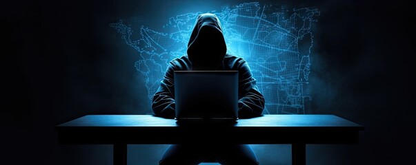 Hacker is using dark background laptop. Young man in hood doing online robbery. Battle for internet...