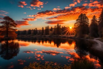  A Breathtaking Sunset Over the Meandering River, Where the Radiant Sun Sets the Waters Aglow, Casting a Warm Embrace Upon the Rippling Surface, Painting the Sky with a Palette of Enchanting Colors, C