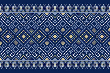 Indigo navy blue geometric traditional ethnic pattern Ikat seamless pattern border abstract design for fabric print cloth dress carpet curtains and sarong Aztec African Indian Indonesian