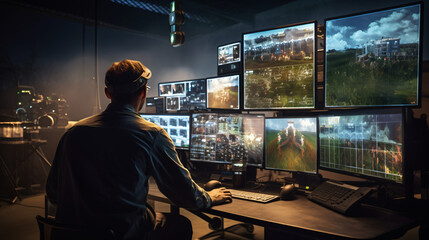 A farmer or agricultural technician monitoring and managing various aspects of a smart farm, such as irrigation, pest control, and equipment, from a centralized control center