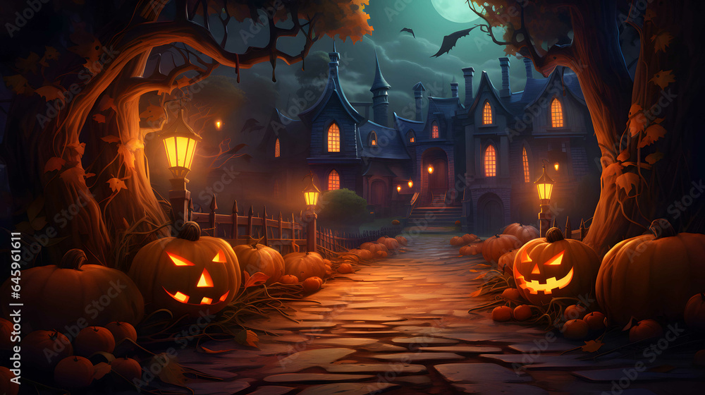 Wall mural Halloween background with pumpkins and haunted house - 3D render. Holiday event halloween banner background concept - Wall murals