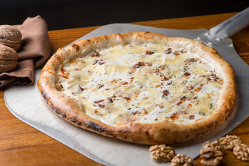 Cheesy pizza with several types of cheese