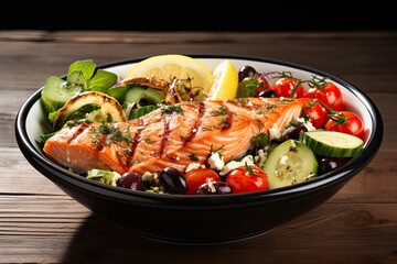 Fresh greek vegetable salad with green olives and feta cheese and grilled salmon fish steak isolated on white background