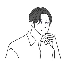 顔を触って微笑む男性