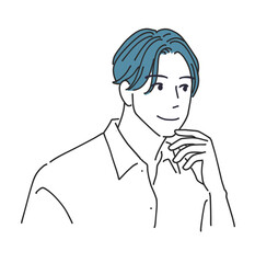 顔を触って微笑む男性