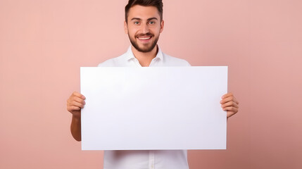 an american man holding a blank placard sign poster paper in his hands. 
