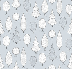 Seamless pattern with cute trees, winter background.