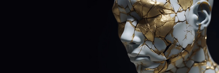 Kintsuki, Japanese ceramic head glued with gold. Concept of not constancy, imperfection of world. AI generated. - obrazy, fototapety, plakaty