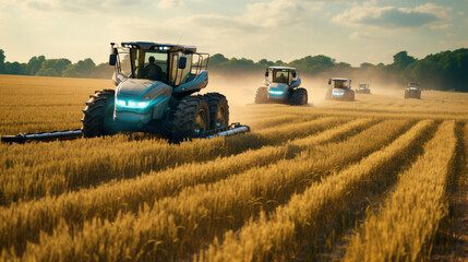 Fototapeta premium Autonomous Tractors and Harvesters at work in a field, demonstrating the role of AI in automating labor-intensive tasks