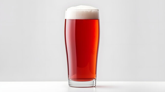 Ruby red beer in glass, on white background