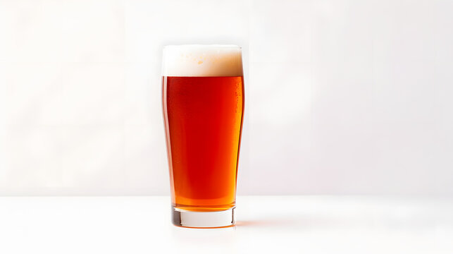 Ruby red beer in glass, on white background