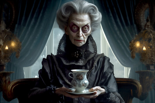 Old gray haired terrible woman in antique black dress. Generative AI