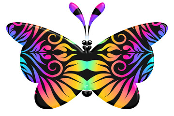 Beautiful butterfly design with colourful gradient flowers line art batik ethnic dayak ornament pattern