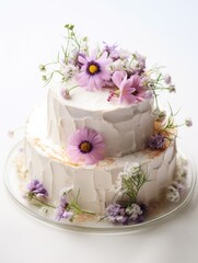 Fototapeta na wymiar A white cake with purple flowers on top of it. Fiction, made with AI. Natural flowers as decor.
