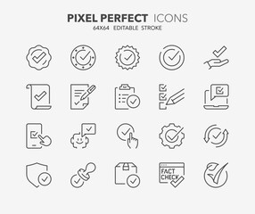 Line icons about checkmark and quality product. Outline symbol collection. Editable vector stroke. 64x64 Pixel Perfect. - obrazy, fototapety, plakaty