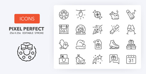 Set of thin line icons about Christmas, party and celebrations 2 of 2. Outline symbol collection. Editable vector stroke. 256x256 Pixel Perfect scalable to 128px, 64px...