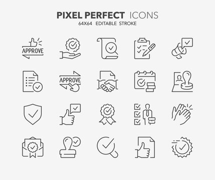 Line icons about approval and certified. Outline symbol collection. Editable vector stroke. 64x64 Pixel Perfect.