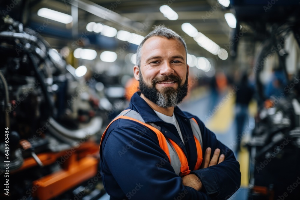 Wall mural confident worker expertly uses high-tech machinery in modern automotive manufacturing environment.