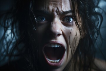 Close-up of a woman's face Amidst the sound of real screams Conveying raw emotions, mental health