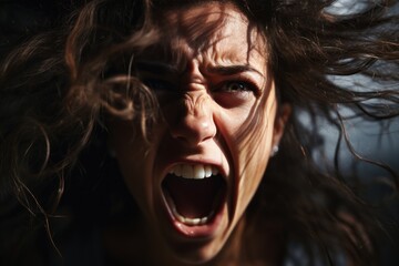 Close-up of a woman's face Amidst the sound of real screams Conveying raw emotions, mental health
