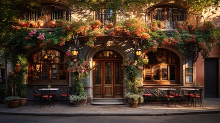Fototapeta na wymiar Panoramic shot of the facade of a charming cozy family restaurant in an abstract European city