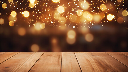 Empty wooden table with bokeh, Christmas product display, Christmas banner 