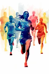 Deurstickers Female and male athlete runners doing a training exercise for a sports race event by jogging and running shown in a contemporary athletic abstract design, Generative AI stock illustration image © Tony Baggett