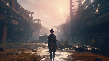 A cyberpunk girl on abandoned planet. A girl walking on an abandoned city. Generative AI