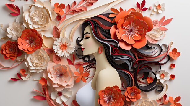 Women with flowers in hair paper art Card for International Womens Day 8 march