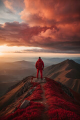 wide angle shot, Panoramic image of man in orange, standing victorious on mountain top, sunset and clouds in the background. Image created using artificial intelligence.