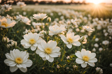 Beautiful white daisies in the garden at sunset