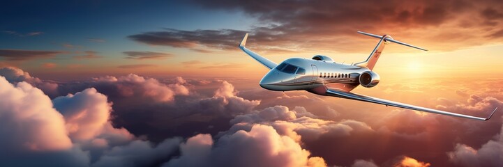 Obraz premium Luxury private jet flying above the clouds, beautiful sunset on background. Travel and airplane concept. Generative AI