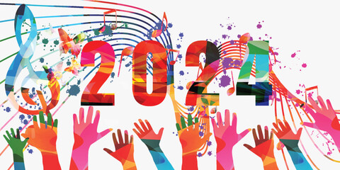 Happy 2024 New Year colorful vector illustration. Happy New Year banner with musical notes for seasonal holiday greeting cards, flyers and party invitations	