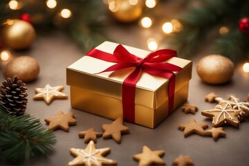 Christmas light gold background with beautiful Golden gift box with red ribbon, fir branches, cones