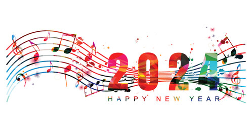 Happy 2024 New Year colorful vector illustration. Happy New Year banner with musical notes for seasonal holiday greeting cards, flyers and party invitations	