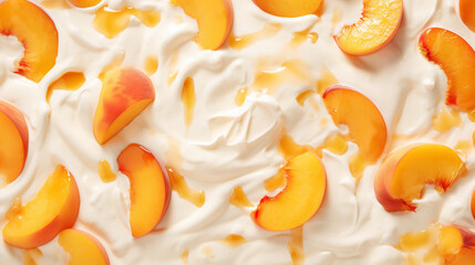 Yogurt and fresh peaches, background. Top view. Generative AI